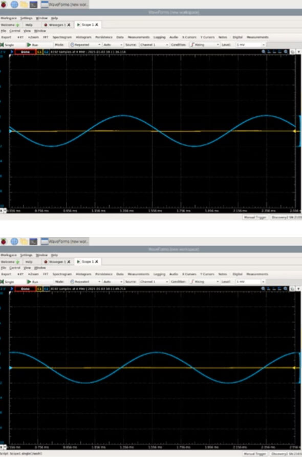 Oscillating Signal of ±2V Maintains its Waveform Whether a 3.3V Zener Clipping Setup Is Used or Not